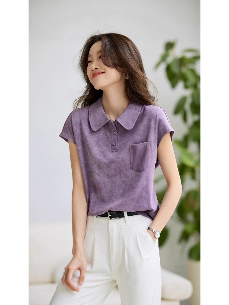 Áo thun polo cổ bẻ nữ họa tiết loang màu mùa hè — tím