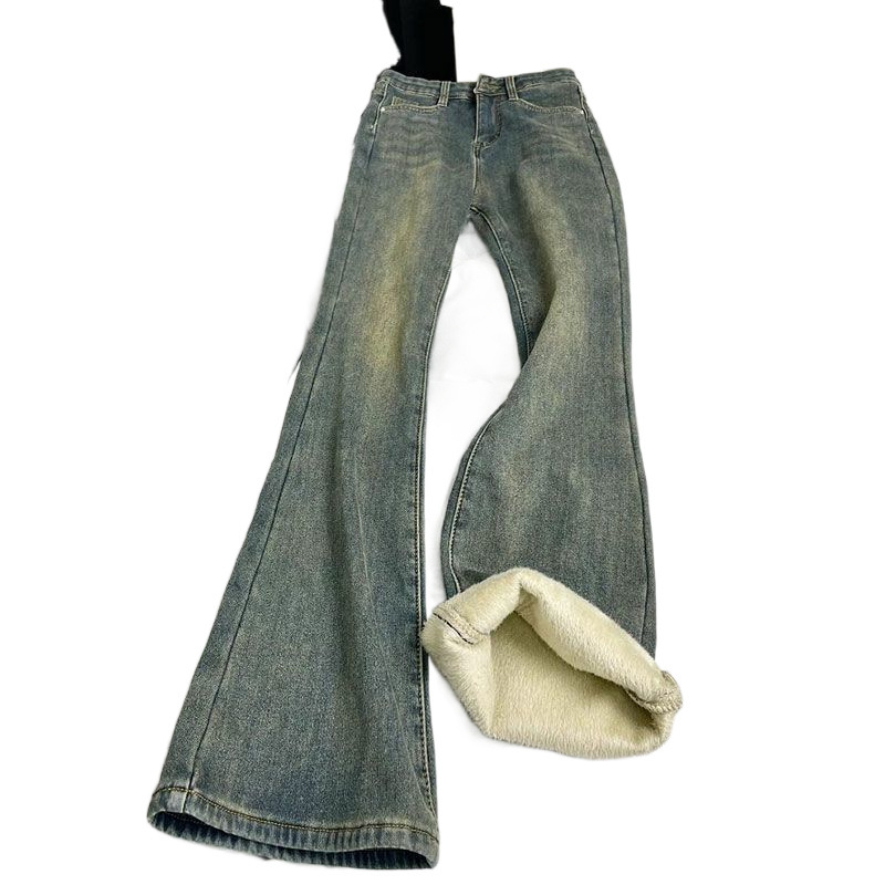 (2개) 기모 두꺼운 레트로 블루 스트레이트 청바지 겨울 가을과 겨울 플러스 사이즈 MM 높은 허리 슬리밍 마이크로 탄성 말굽