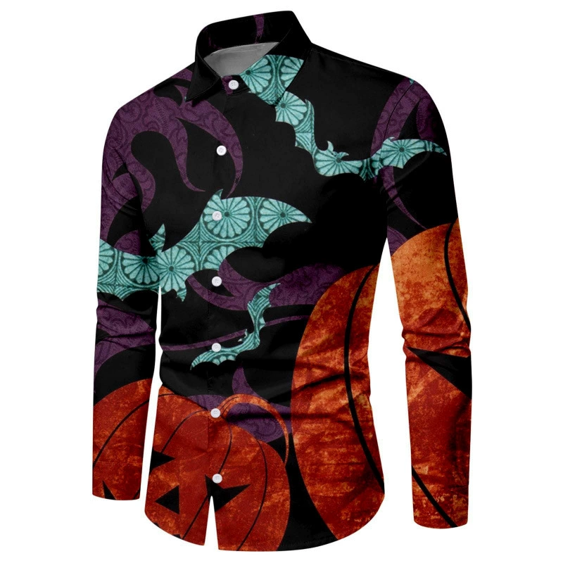 Европейская и американская трансграничная новинка Хэллоуина 2024 года, карнавальная железная цепочка, летучая мышь, повседневная мужская рубашка с длинными рукавами с 3D принтом