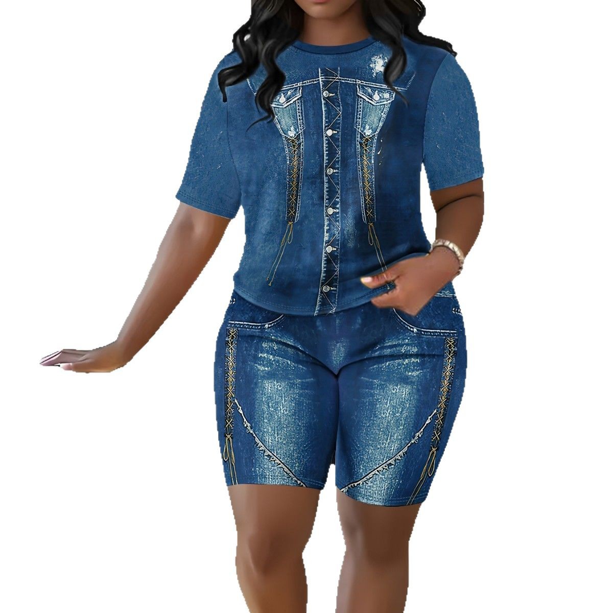 Completo da donna in denim stampato, composto da top a maniche corte con scollo rotondo e vestibilità ampia e pantaloncini aderenti._voghion.com