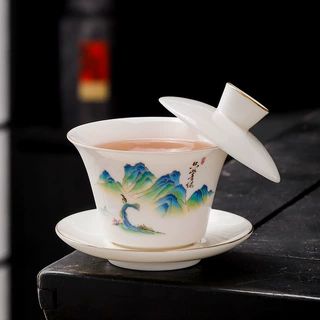 羊脂玉悬停悬浮盖碗三才盖碗茶具防烫陶瓷泡茶碗手工高档带盖批发
