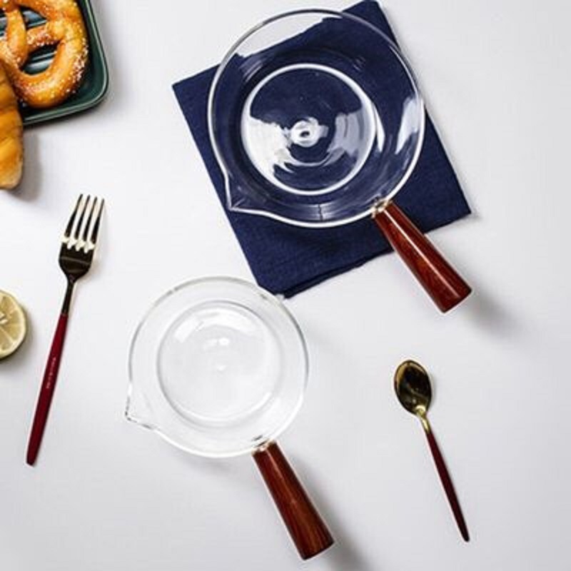 Olla de leche de vidrio resistente al calor mango de madera lateral transparente ramen tazón de fideos instantáneos Hogar Japonés ensalada de agua caliente vajilla