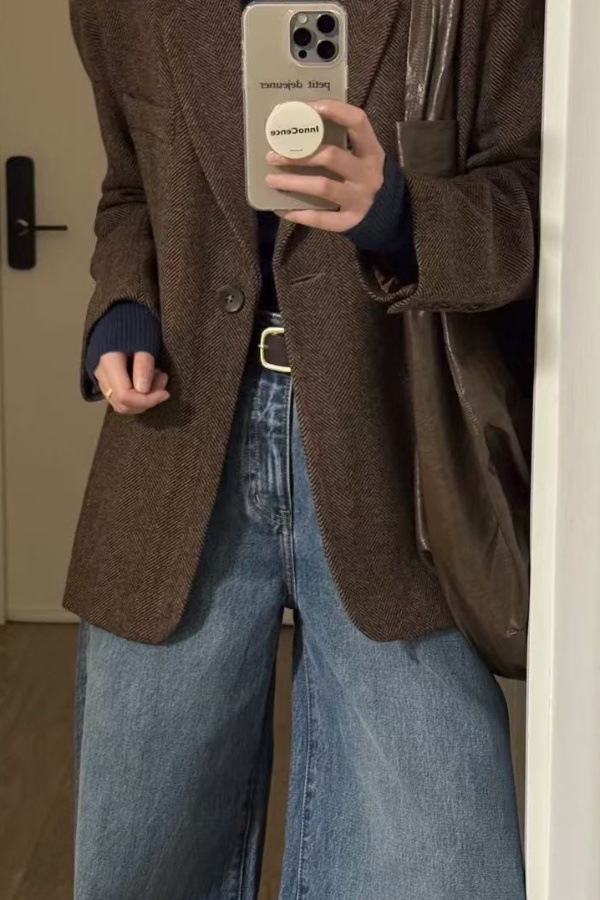 2025 New Autumn and Winter Herringbone Pattern Maillard Small High-End Suit Jacket Elegant Korean Woolen Coat