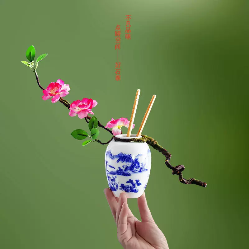 好石寨 青花瓶 陶瓷花器酒店盘饰意境菜干冰壶新中式摆件仿真花插