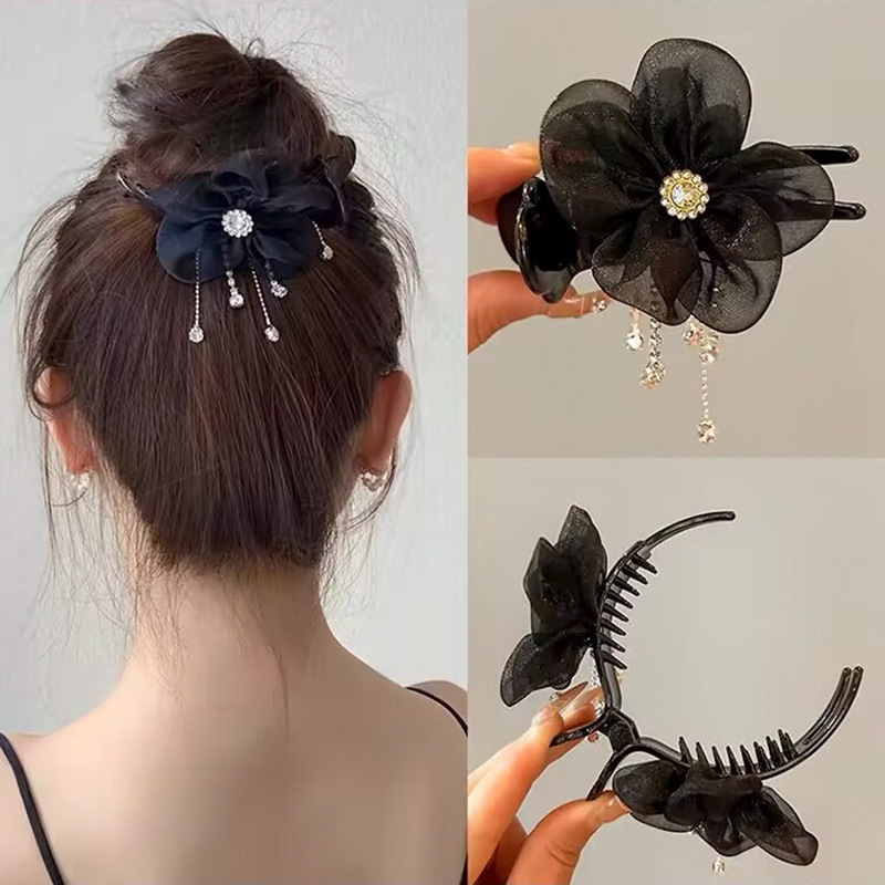 Advanced Satin Satin Big Black Bowknot Clip de tiburón Tocado Diamante cuadrado Horquilla en la parte posterior de la cabeza Clip de agarre Horquilla femenina