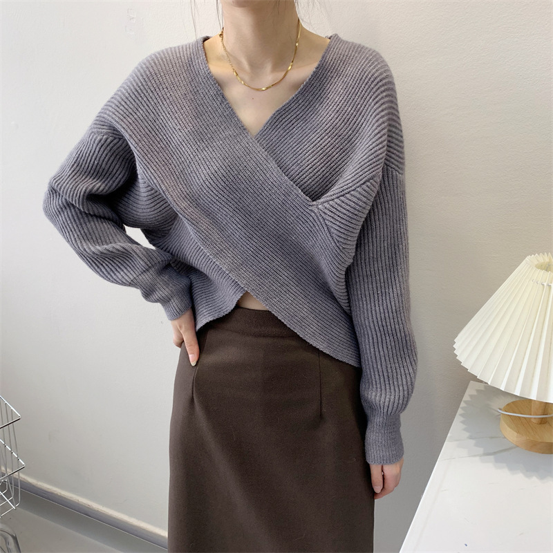Suéter de punto holgado con cuello en V cruzado, estilo retro francés, chic coreano, para mujer, estilo corto, para otoño