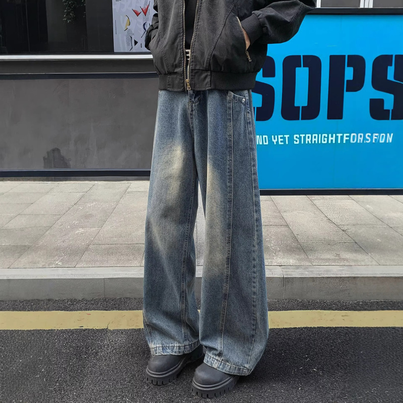 Vintage Blue American-Style Curved Jeans for Men, Summer High Street Vibe, Washed Wide-Leg Pants, Casual Flared Straight-Leg Pants Vintage Blue American-Style Curved Jeans for Men, Summer High Street Vibe, Washed Wide-Leg Pants, Casual Flared Straight-Leg Pants