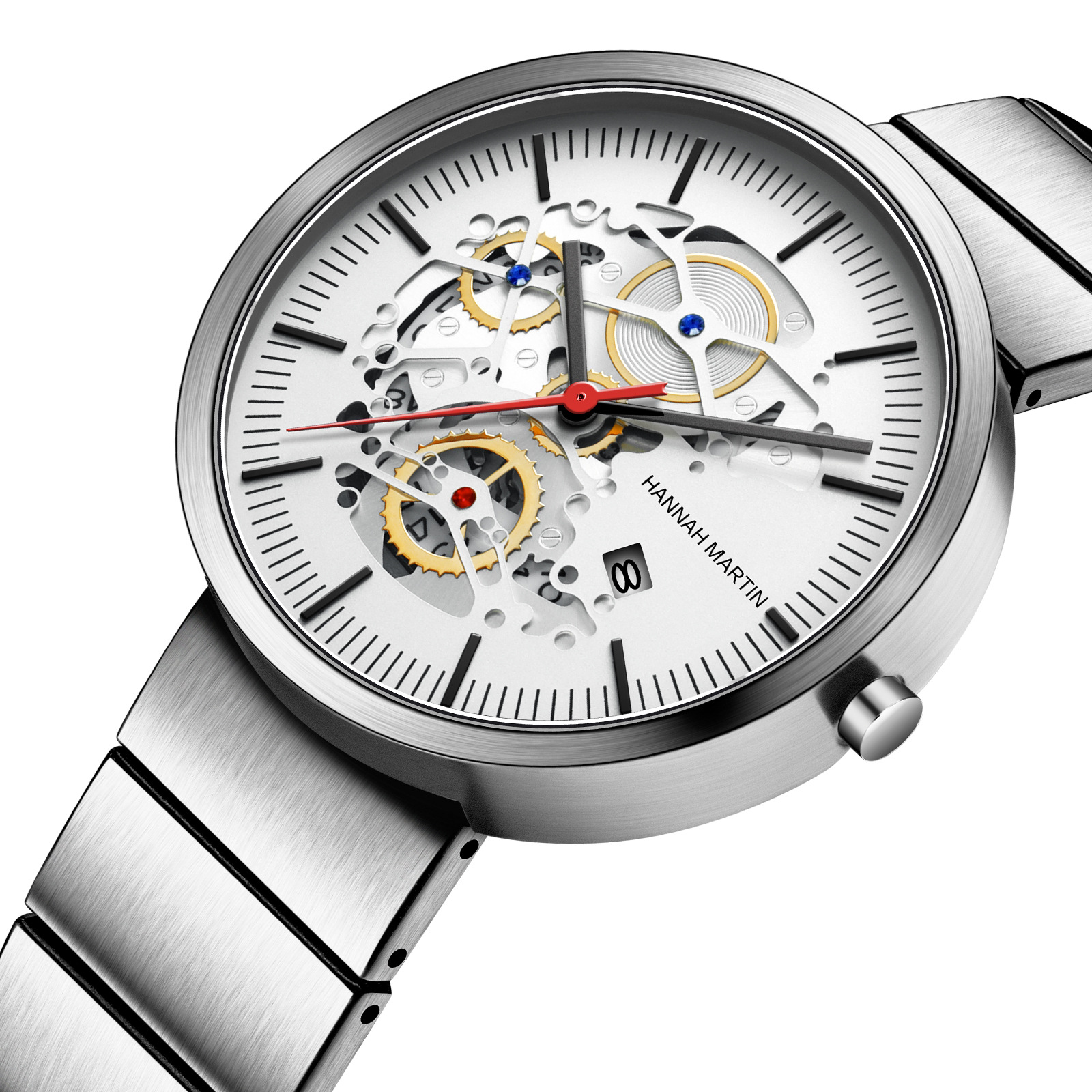 Popolare 2024 Nuovo orologio dal design cavo Orologio al quarzo con calendario Orologio al quarzo con cinturino in acciaio con giunto di bambù_voghion.com