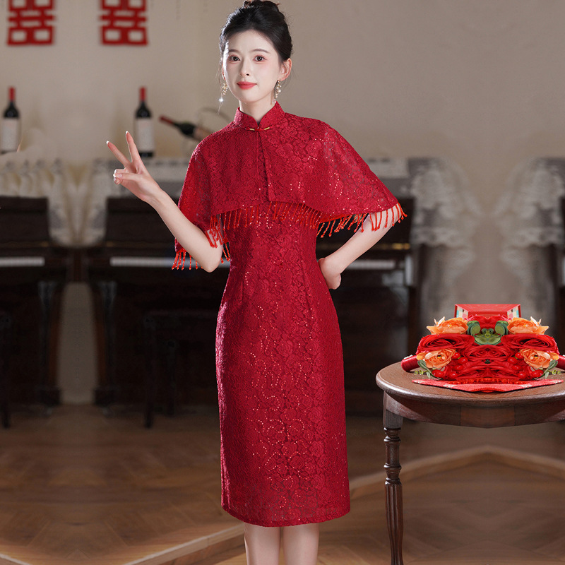 Chinese-Style Dress, Slim-Fit Lace, Red Long New-Style Qipao, Chinese Style, 2025 Slimming Autumn Model, Elegant and Graceful