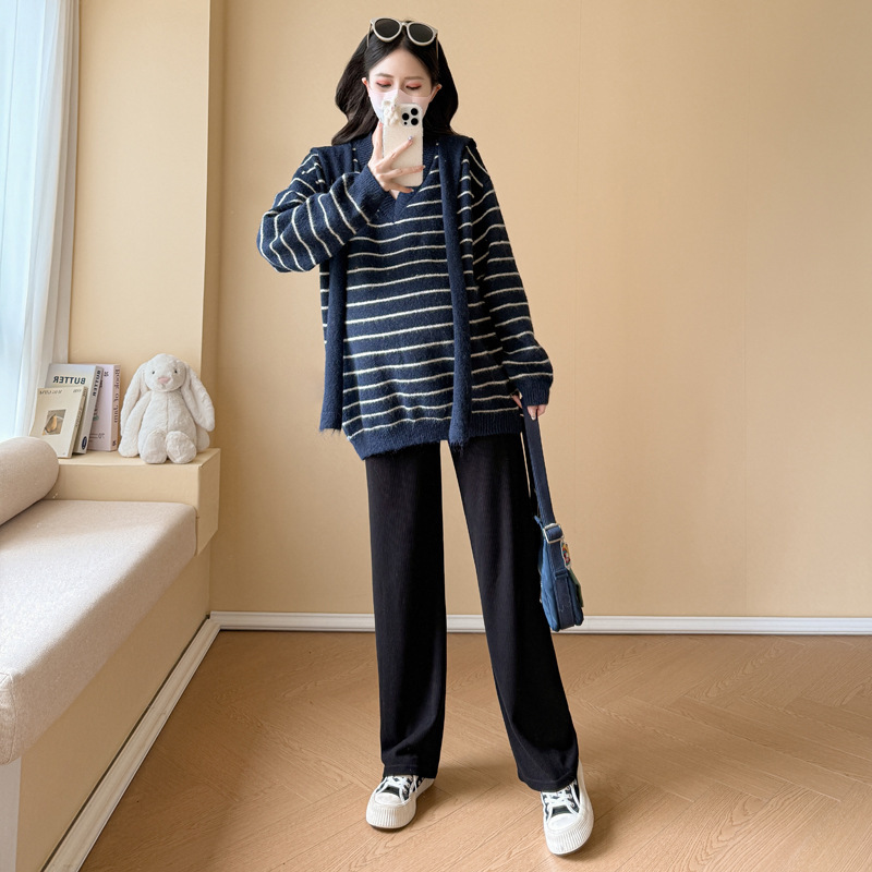 孕妇装套装V领披肩条纹毛衣秋冬新款慵懒风休闲宽松显瘦百搭上衣|undefined