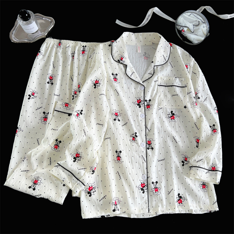 跨境直播睡衣女春秋云朵棉翻领开衫长袖长裤卡通甜美家居服女套装|undefined