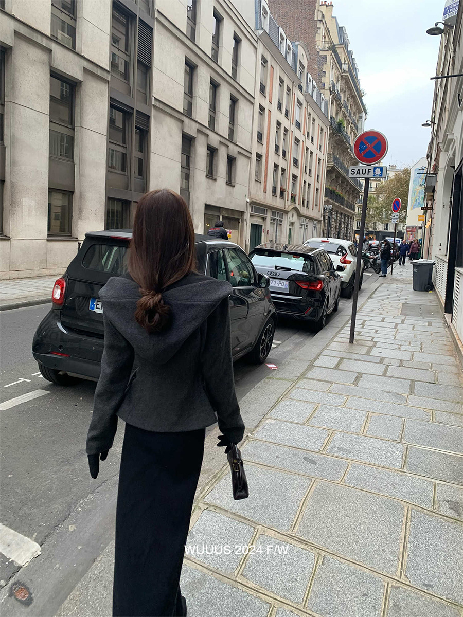 Wuuus jojo プライベートサーバーライン [魔女のポケット] ブラック ヴィンテージ ジャケット レディース フード付き ウール コート