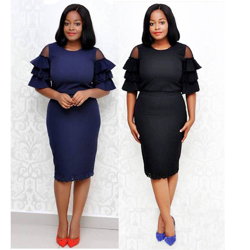 Cross-Border Supply Slim Fit Hip-Hugging Round Neck Knitted Ruffle Trumpet Mid-Sleeve Dress with Heavy Beading Clearance Sale