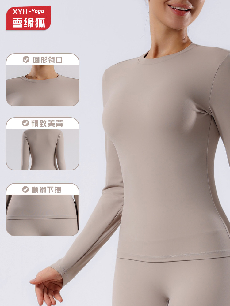 Europa y América dos lados abrasivos desnudos ropa de yoga de mangas largas mujeres de alta intensidad correr pilates ropa de ejercicio de mangas largas