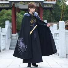 原创虎啸龙吟汉服新款高级灰大毛领加绒长斗篷披风黑色中国龙内搭