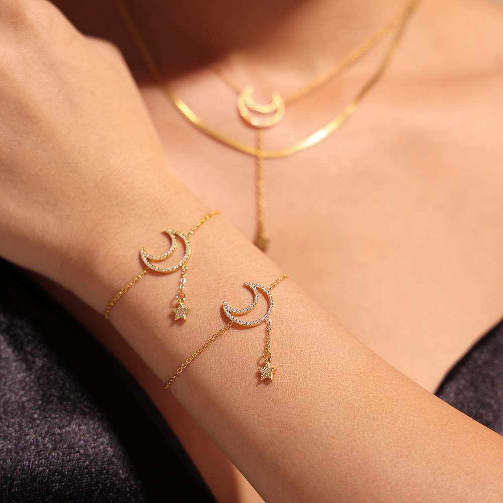 Square Sugar Starry Moon Set With Zircon Tassel Double Layered Clavicle Necklace, Feminine Style Bracelet, Titanium Steel Minimalist Set_voghion.com