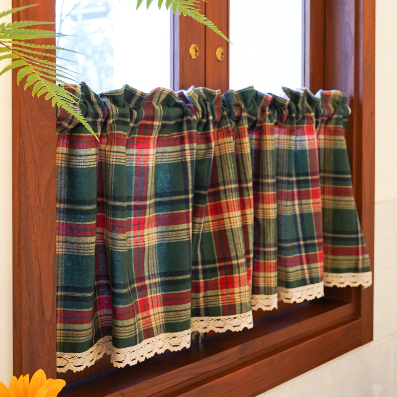 American-Style Christmas Fabric Half Curtain, Vintage Green Plaid Curtain for Kitchen Balcony, Short Curtain, Door Curtain, No Drilling Required