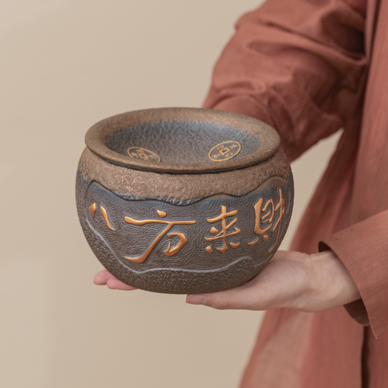 清澜粗陶建水茶渣缸复古风特大号过滤茶渣桶带盖陶瓷功夫茶洗水盂|undefined