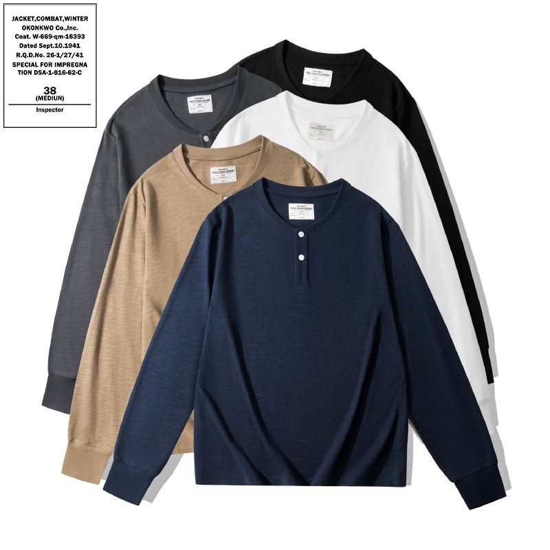 OKONKWO竹节棉重磅320克纯色长袖亨利领T恤阿美咔叽henry shirt