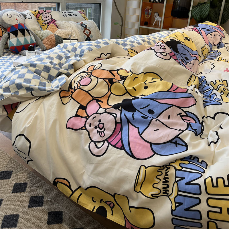 New Cartoon Washed Cotton Four-piece Set Cute Children's Quilt Cover Single Double Student Dormitory Three-piece Set