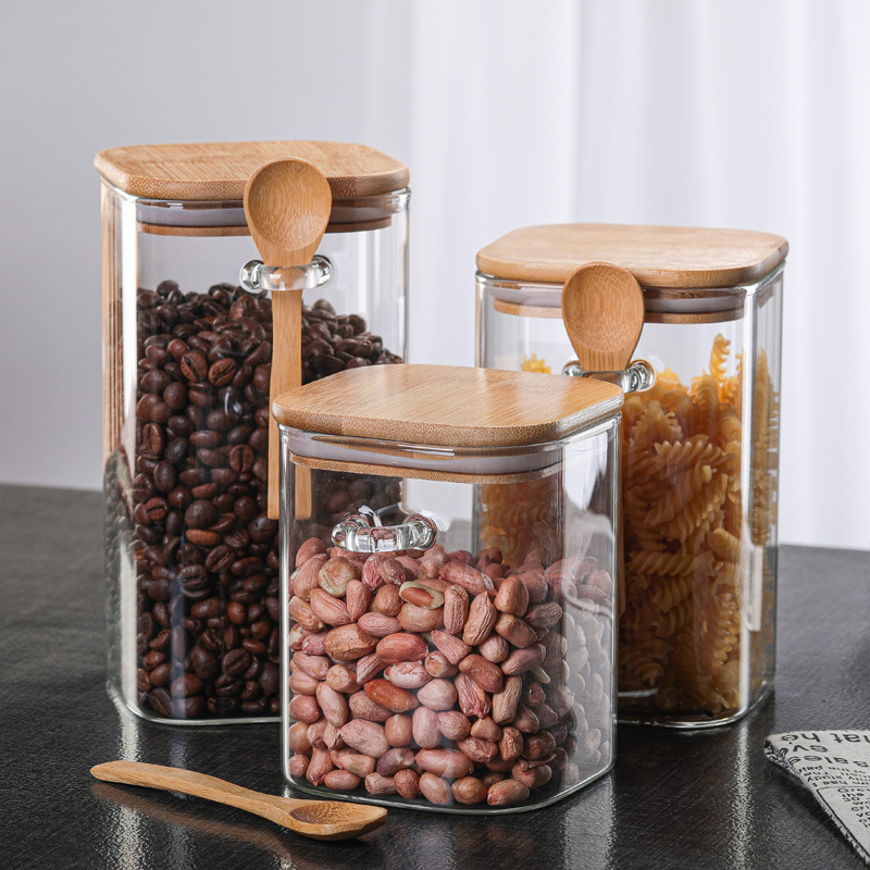 Household Grain Milk Powder Tea Bottle Storage Jar Glass Lidded Wooden Spoon Square Sealed Seasoning Coffee Bean Jar Household Grain Milk Powder Tea Bottle Storage Jar Glass Lidded Wooden Spoon Square Sealed Seasoning Coffee Bean Jar