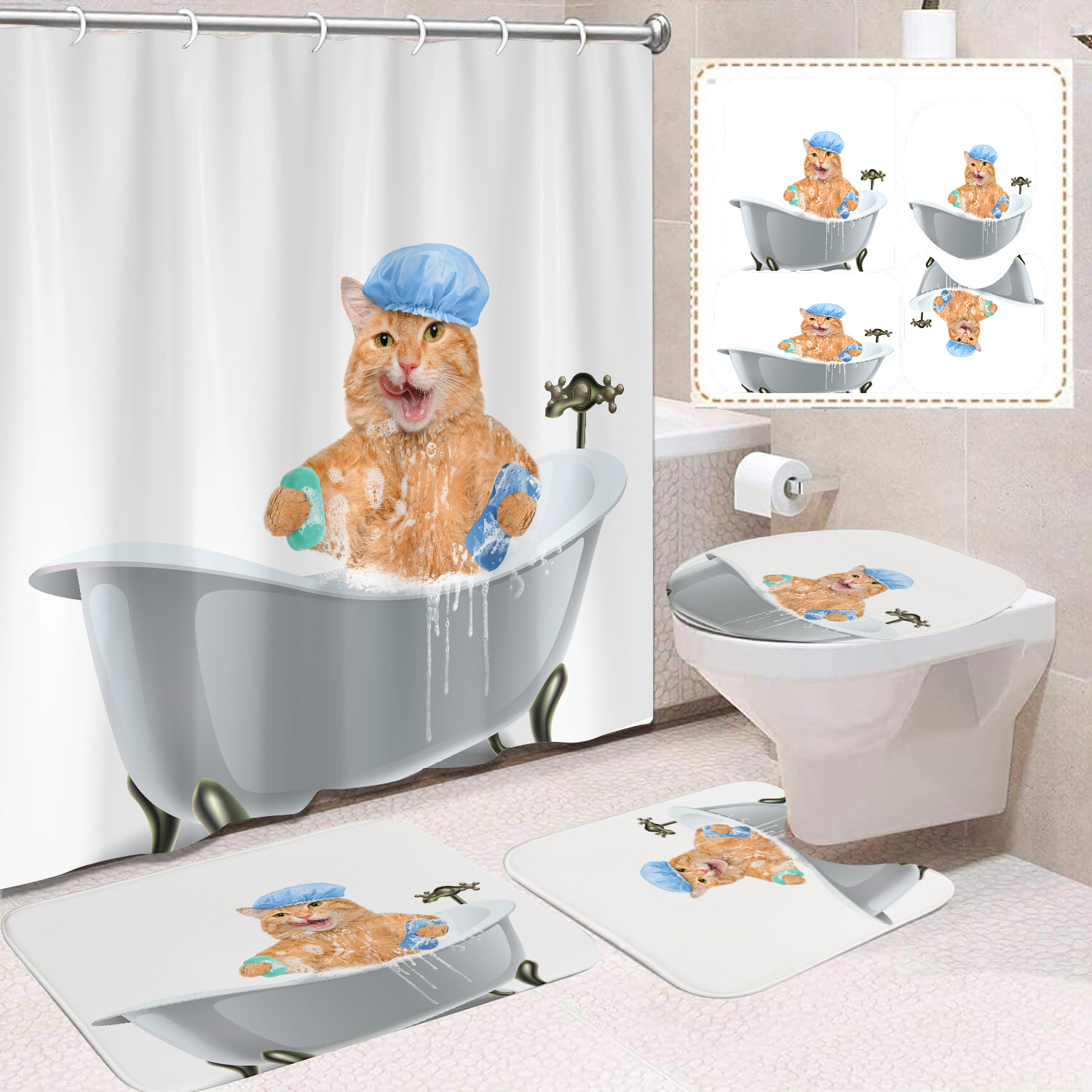 Fuente de fabricantes Amazon animales gatos niños cortina de ducha impermeable a prueba de moho cortina de ducha inodoro partición de baño divertido