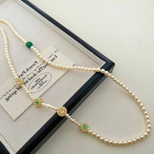 Wind sweater chain small new Chinese style all-match stone long pearl necklace temperament color year national style