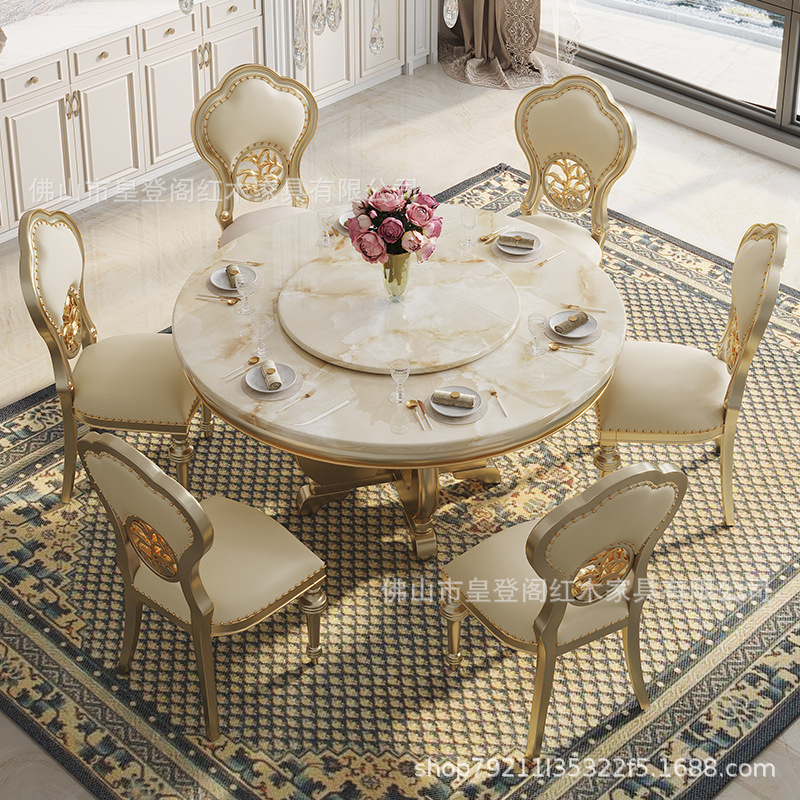 American Light Luxury Solid Wood Dining Table European Marble Leather Round Table Luxury Villa Dining Table and Chair Combination Home Dining Table