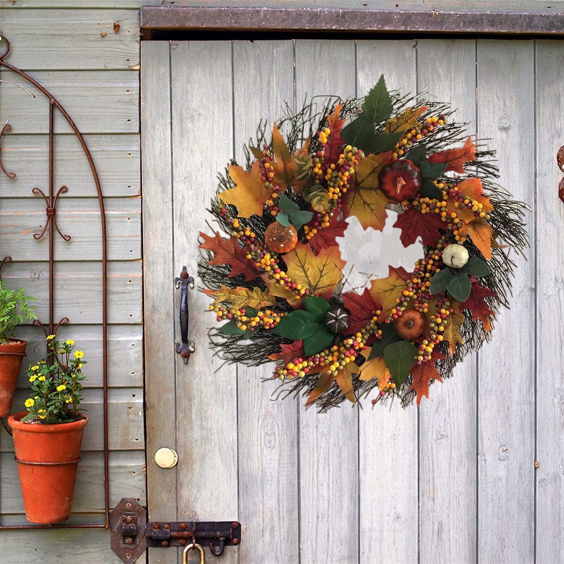 花惹草跨境仿真枫叶南瓜花环欧美丰秋节乡下前门气氛圣诞装饰花圈
