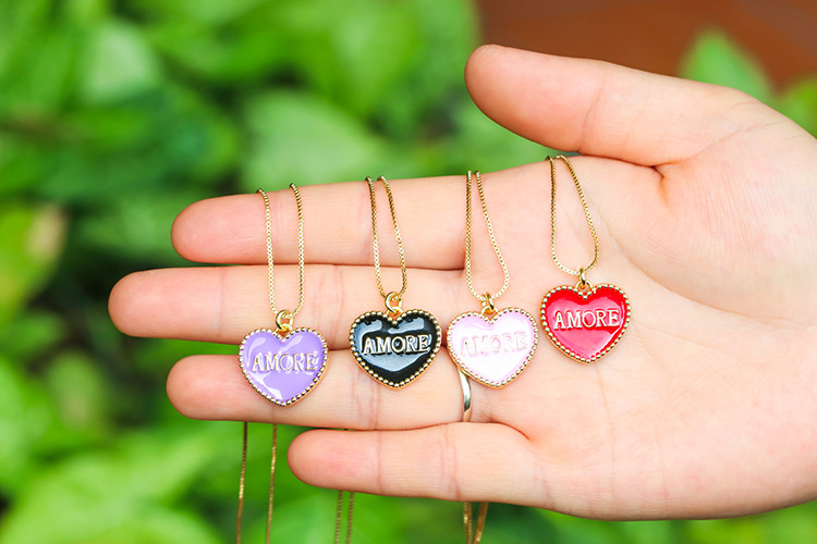 Copper Material Geometric Pattern Fashion Drop Oil Heart-shaped Color Amore English Alphabet Necklace Wholesale Nihaojewelry