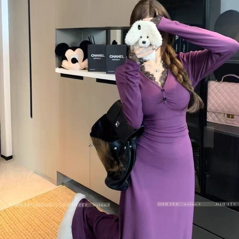 法式设计感蕾丝拼接紫色长袖连衣裙女修身内搭打底御姐包臀长裙子|undefined