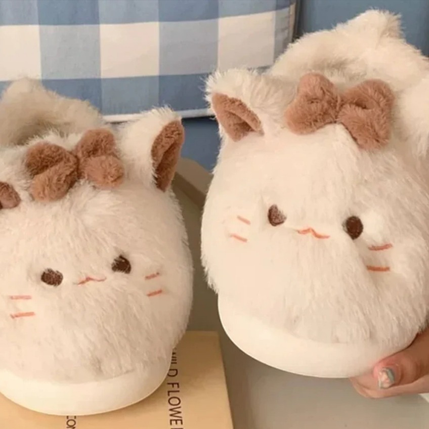 跨境新款Cute Cat Fluffy Fur Slippers室内防滑装饰猫咪棉拖拖鞋