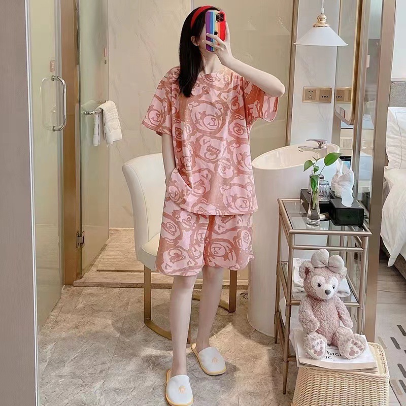 Pijamas de oso de dibujos animados de manga corta de verano para mujeres estudiantes lindo cuello redondo verano Delgado dulce casual traje de desgaste para el hogar