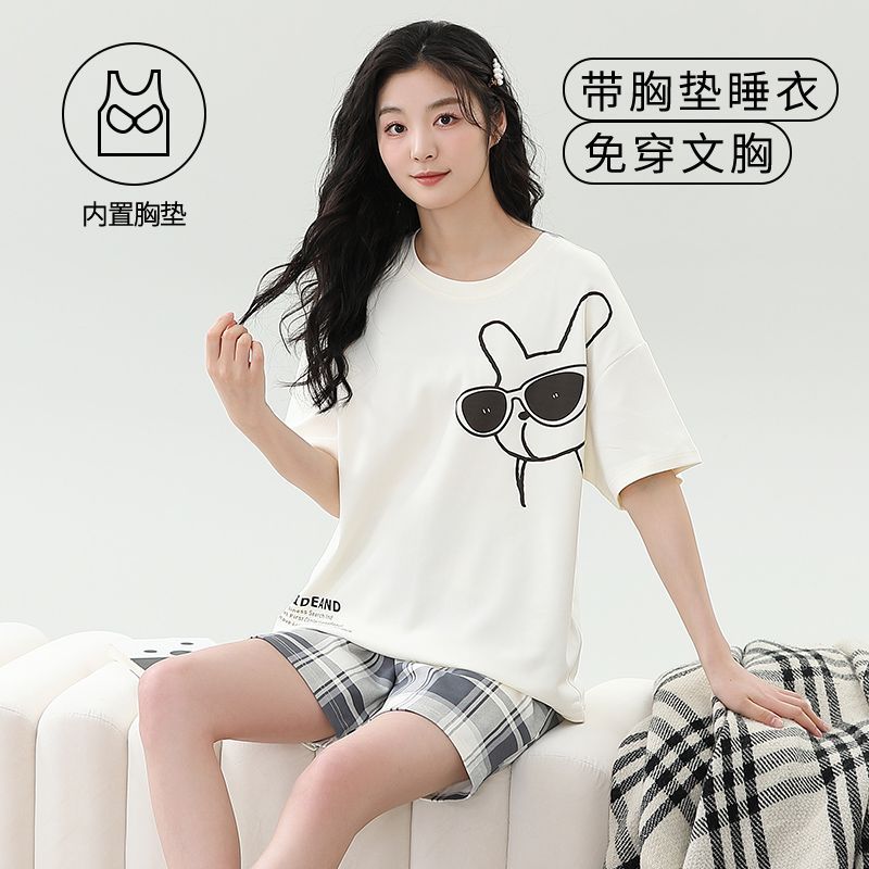 Venta al por mayor transfronteriza verano nuevos pijamas de algodón de imitación estilo caliente para mujer con almohadilla para el pecho pantalones cortos de manga corta traje de servicio a domicilio casual de dibujos animados