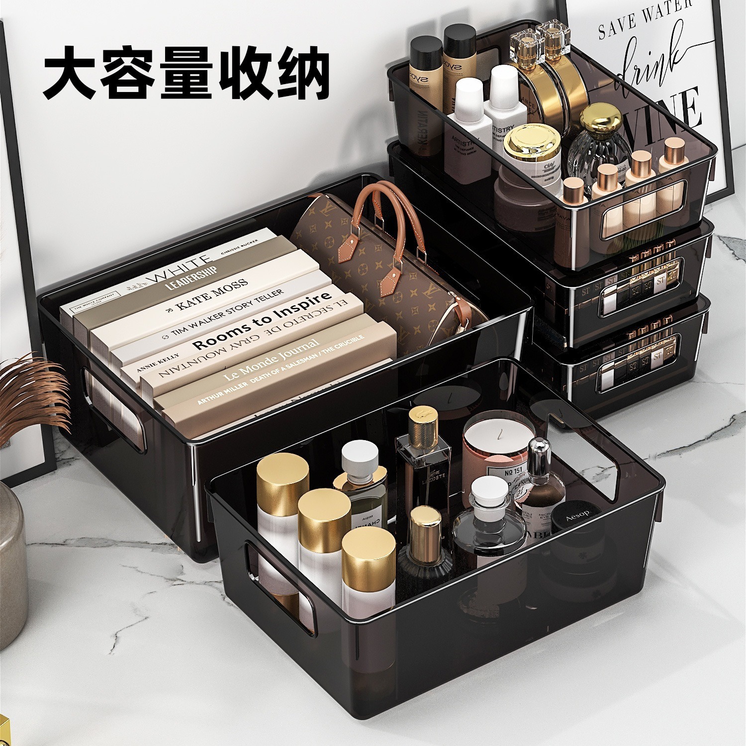 Multifunctional Light Luxury Desktop Storage Box Made of Pet Transparent Material for Organizing Cosmetics, Snacks, Miscellaneous Items, and Bedroom Coffee Table Items
