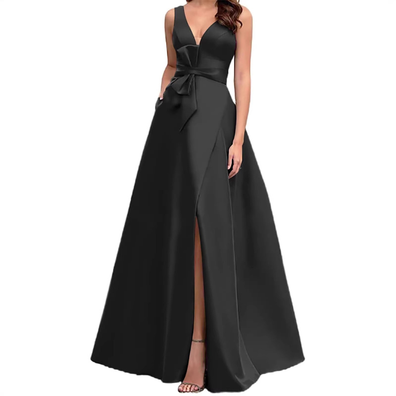 Satin Collar Bride Dress with Slit and Bow, Long Formal Wedding Guest Dress, 2026 New Model, Aliexpress Supply Satin Collar Bride Dress with Slit and Bow, Long Formal Wedding Guest Dress, 2026 New Model, Aliexpress Supply