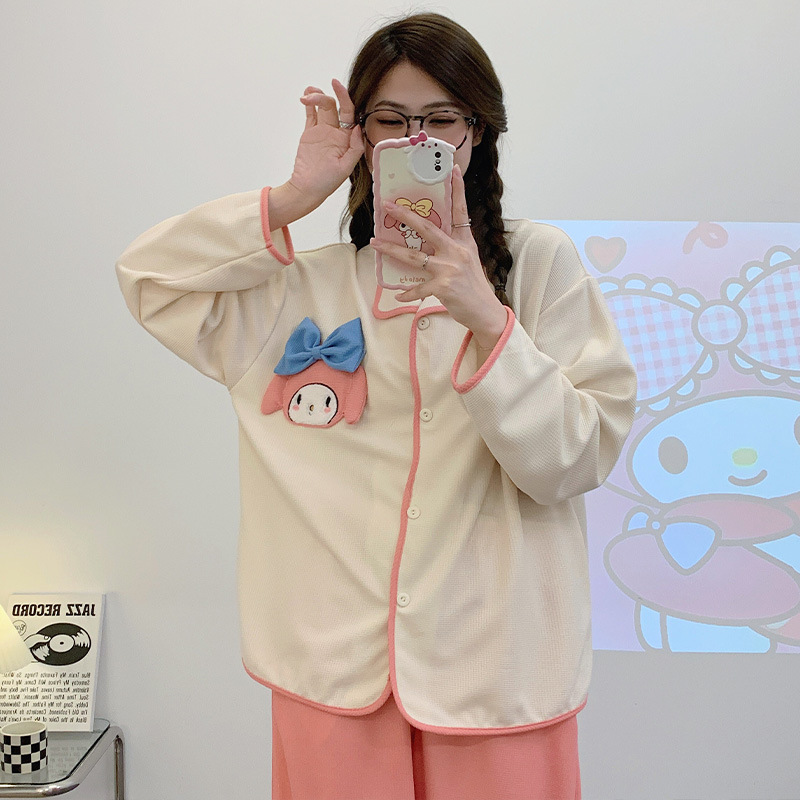 Simple chica pijamas de las mujeres peinado waffle algodón manga larga Otoño e Invierno pequeño solapa cardigan lindo casual Home wear Set