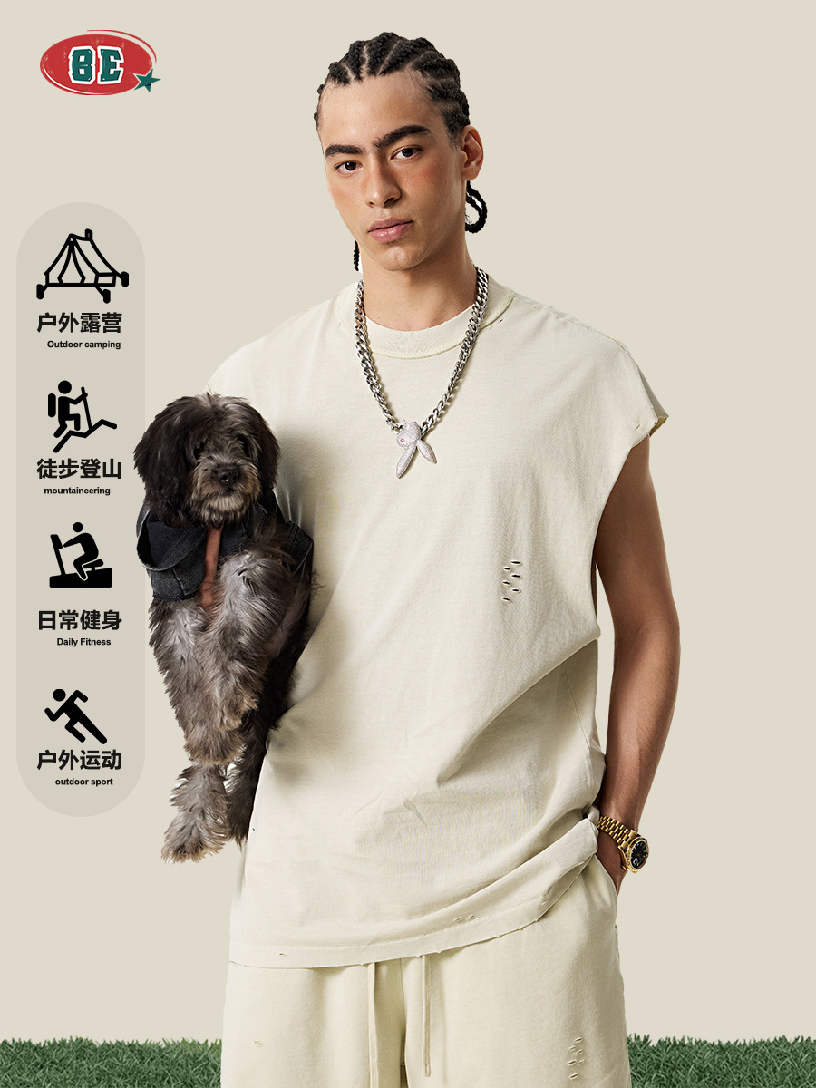 Be Hombres| 2025 verano compradores europeos y estadounidenses marca de moda desgastado algodón sin mangas agujero neutro chaleco de hombro para hombre