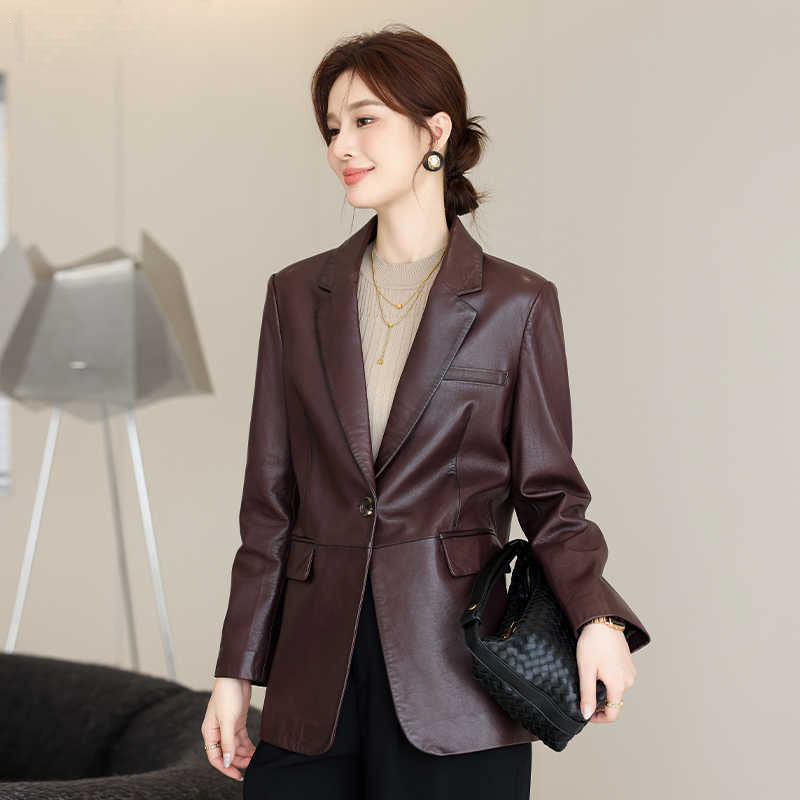 春秋新款真皮植鞣绵羊皮复古西装外套女士中长款宽松时尚百搭单皮