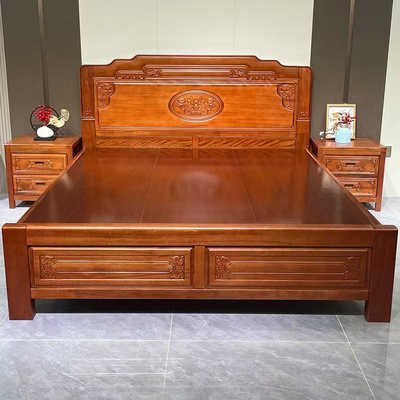 Thickened Solid Wood Golden Rosewood Bed with Mortise and Tenon Joints, Double Master Bedroom Wedding Bed, Chinese Antique Pineapple Lattice Wood Bed