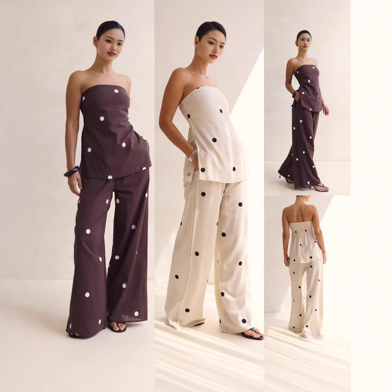 Za Cross-Border Women's Clothing Wholesale European and American Style New Casual Set Polka Dot Tube Top + High-Waisted Wide-Leg Pants