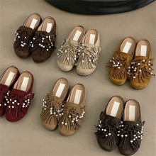 复古小众绒面增高勃肯鞋女2024新款流苏珍珠百搭包头拖懒人一脚蹬