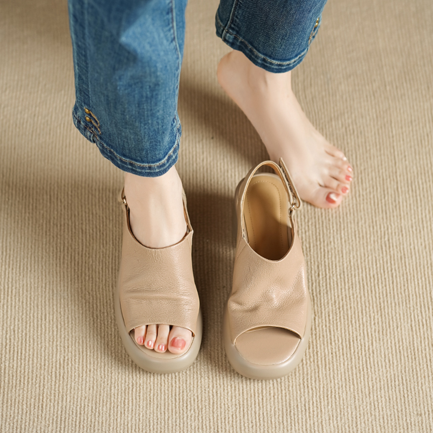 Sandal nữ cao gót mũi hở da cừu quai một từ khóa — màu trắng ngà