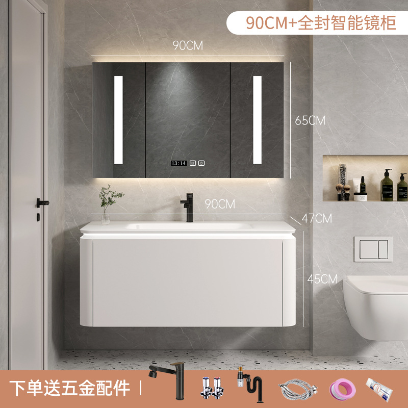 Estilo crema de múltiples capas de madera maciza gabinete de baño combinación baño lavabo mesa de lavado sensación de la piel cuenca inteligente baño espejo gabinete