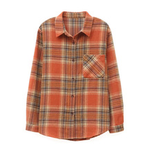 美式复古磨毛格子衬衫外套女式春秋款宽松长袖休闲上衣时尚中长款