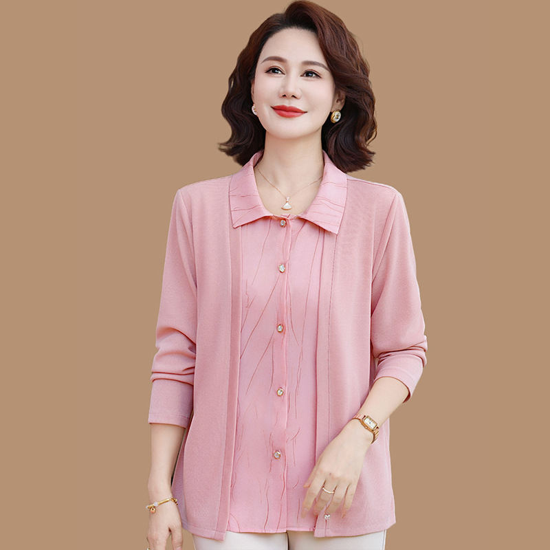中年妈妈秋装长袖打底衫套装贵夫人上衣中老年春秋季假两件T恤女|undefined