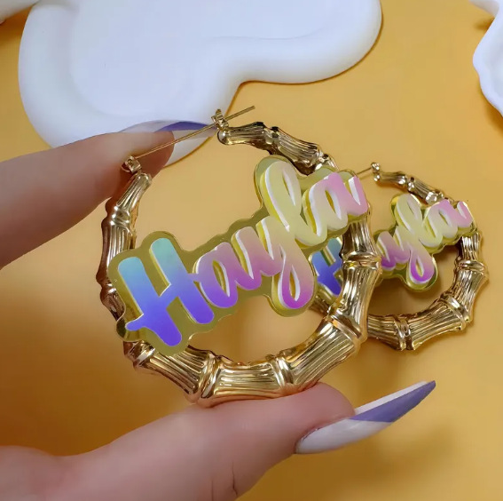 Name Color Bamboo Earrings Acrylic Name Earrings Custom Name Earrings Rainbow Name Earrings Gold Bamboo Hoop