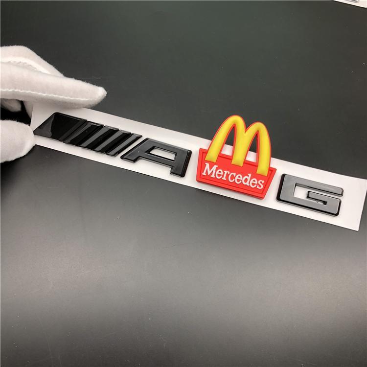 Mercedes-Benz C-Class, E-Class, and S-Class modified with AMG emblems, McDonald's car logos, BMW M logos, and new AMG tail emblems with black lettering