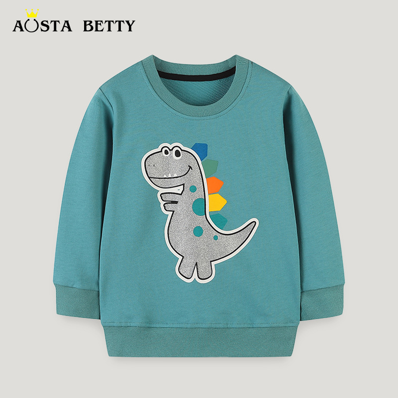 Children's Crew Neck Sweatshirt with Dinosaur Print, New Fall Collection for Boys, European and American Style, Cotton Base Layer Shirt for Toddlers