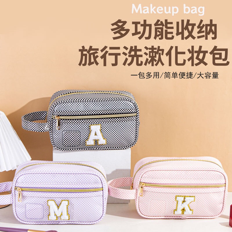 Plaid Embroidered Letter Pvc Frosted Transparent Visible Partitioned Portable Travel Storage Bag for Makeup Brushes